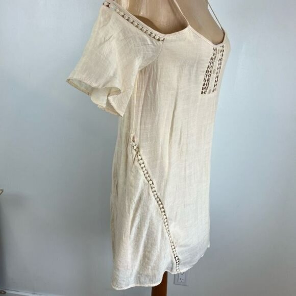 Guess Women's Small Beige Tunic Peasant Midi Dress Flutter Sleeves Cold Shoulder - Picture 3 of 12